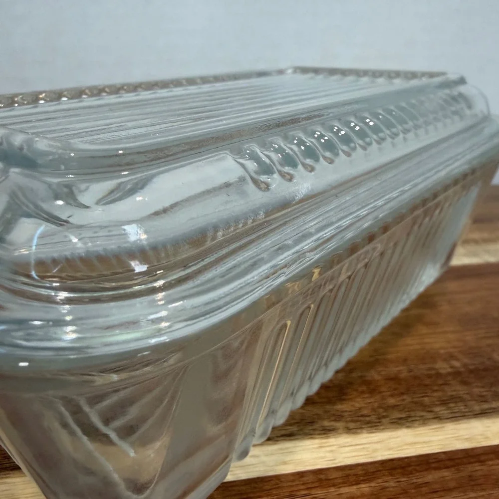 Vintage Clear Ribbed Glass Refrigerator Dish with Lid Rectangular Storage